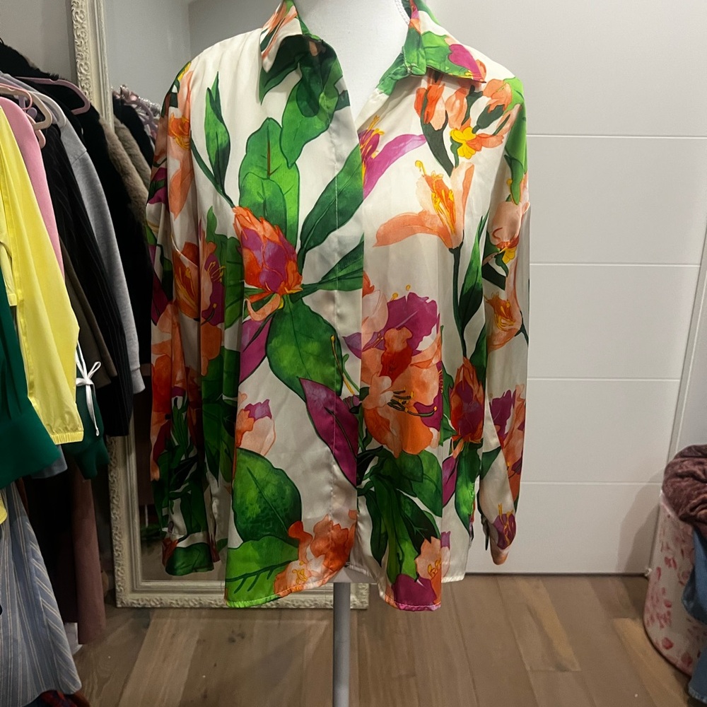 Zara Cream Floral Button-Up Shirt with Green, Orange & Pink Accents